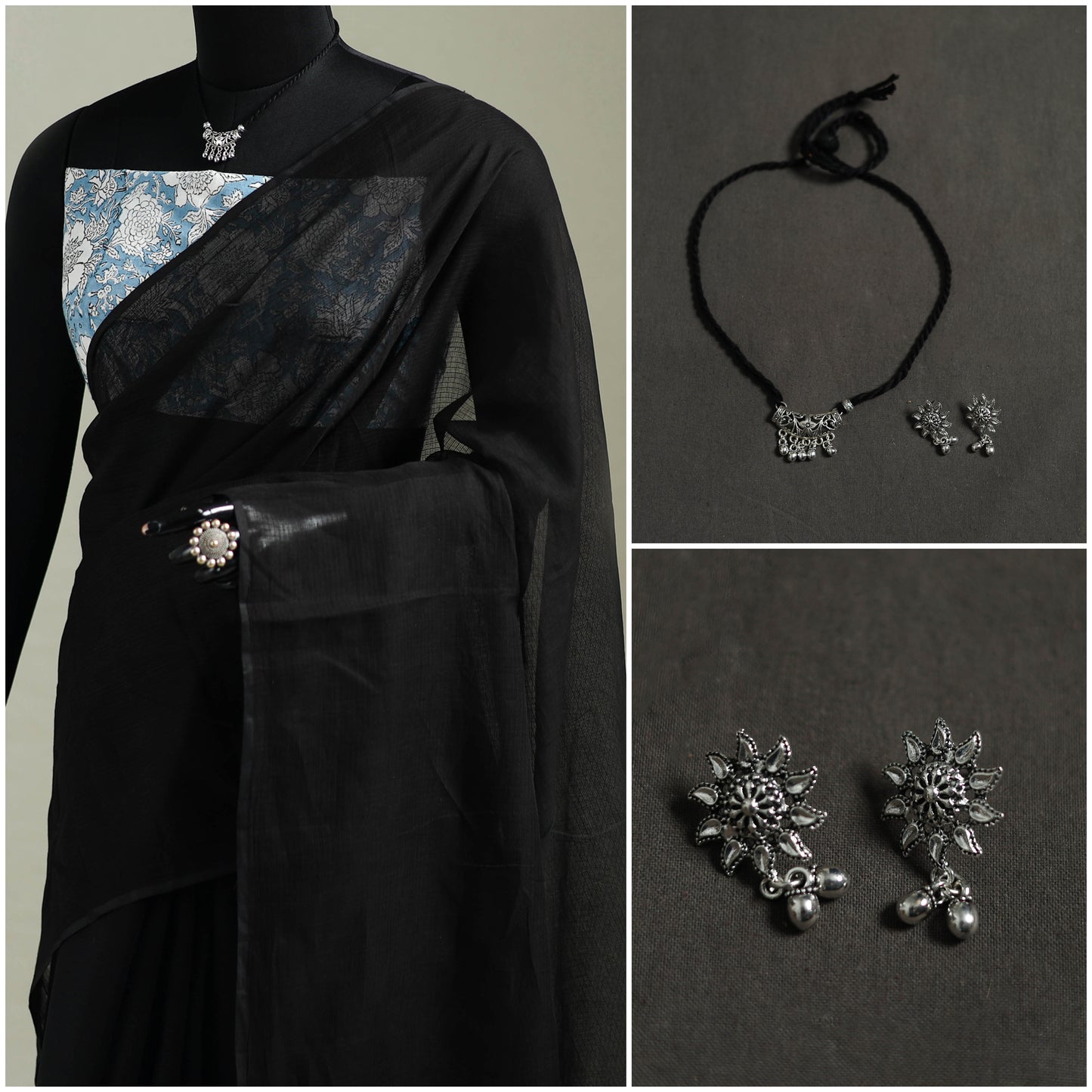 Black - Nazaakat Kota Doria Cotton Plain Saree with Blouse & Jewellery Set 42