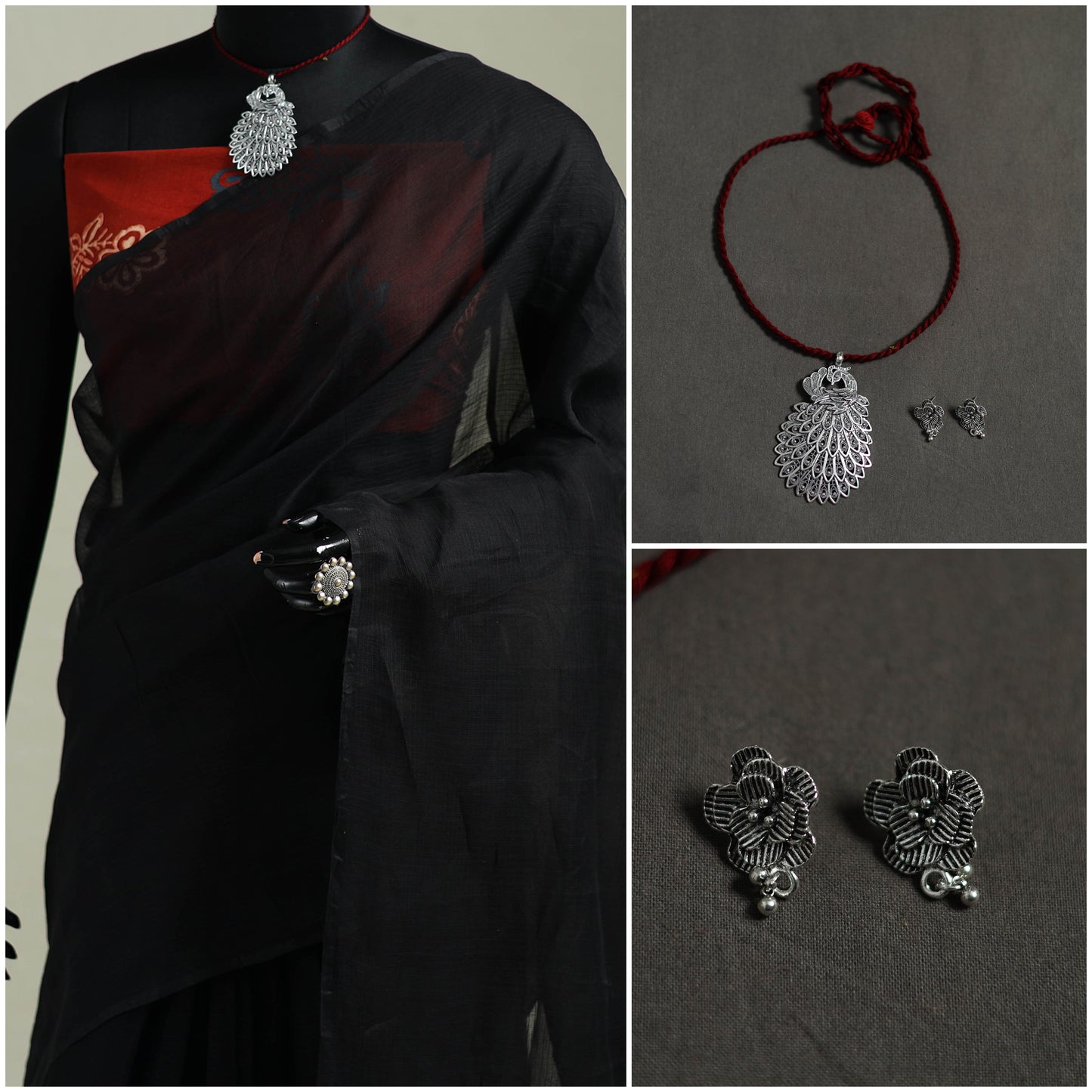 Black - Nazaakat Kota Doria Cotton Plain Saree with Blouse & Jewellery Set 15