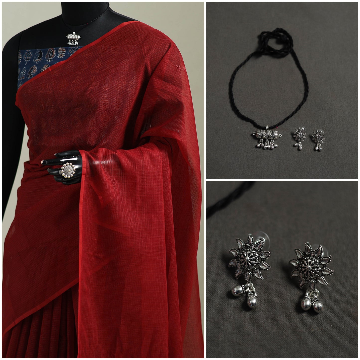 Red - Nazaakat Kota Doria Cotton Plain Saree with Blouse & Jewellery Set 149