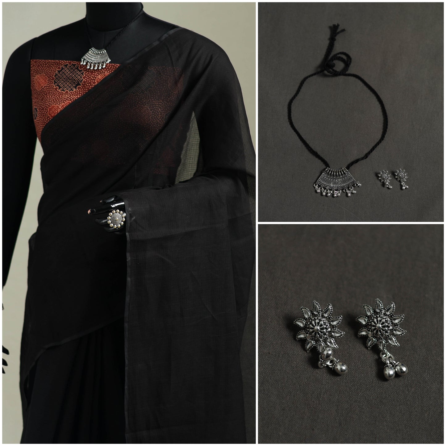 Black - Nazaakat Kota Doria Cotton Plain Saree with Blouse & Jewellery Set 43