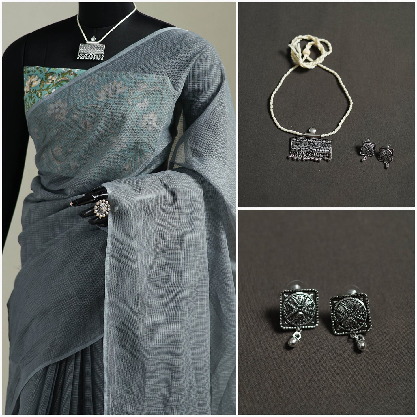 Grey - Nazaakat Kota Doria Cotton Plain Saree with Blouse & Jewellery Set 108
