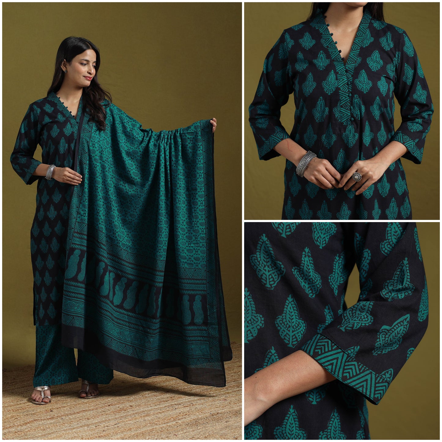 Natural Dyed Hand Block Bagh Print Cotton Suit Set with Dupatta for Women 06