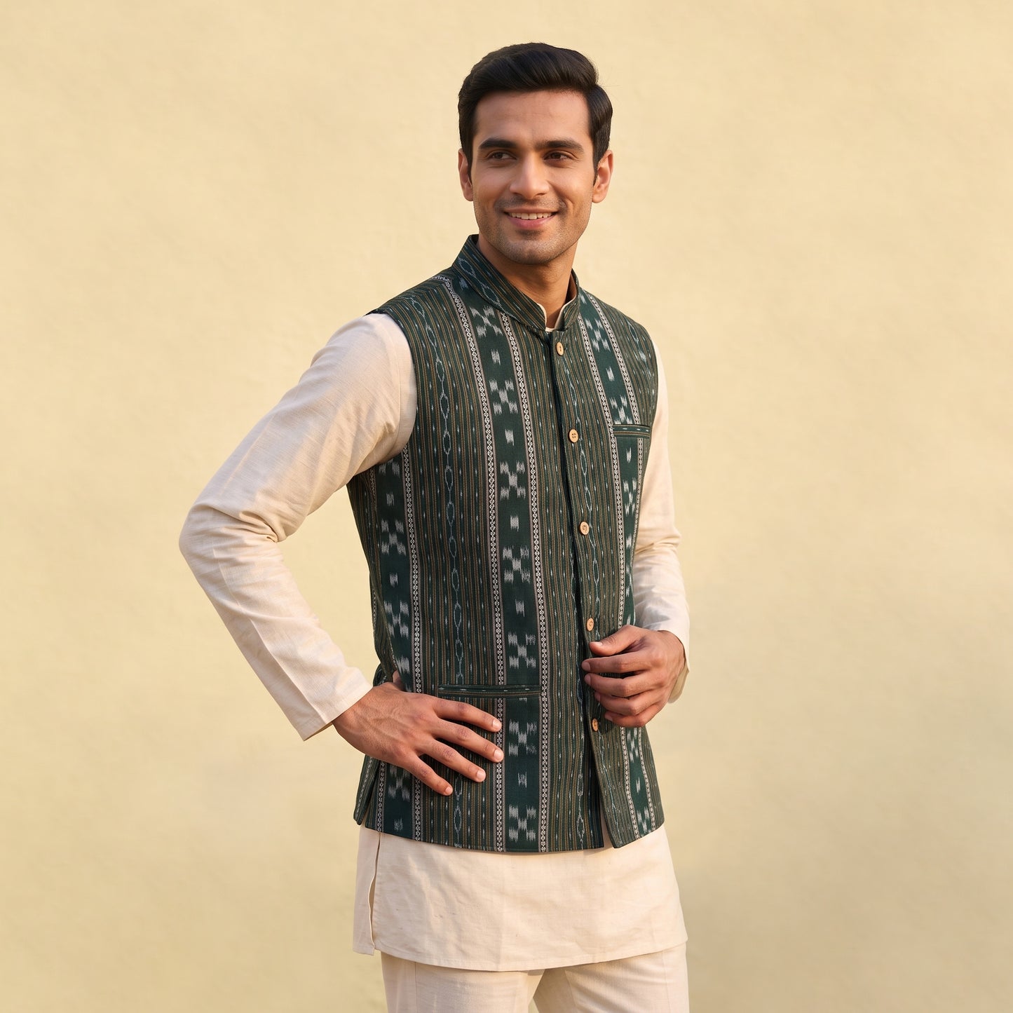 Sambalpuri Ikat Weave Cotton Men Nehru Jacket 12