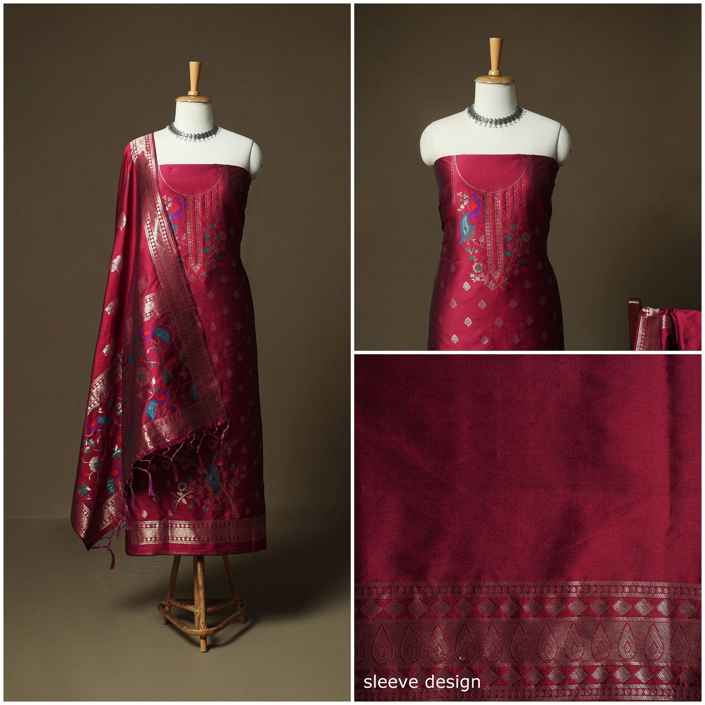Red - Bangalore Silk Paithani Weave 3pc Unstitched Dress Material Suit Set 15