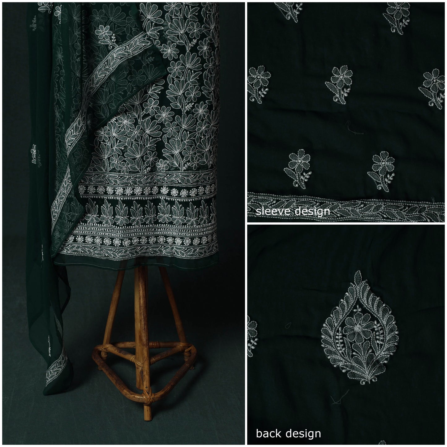 Green - Lucknowi Chikankari Hand Embroidered Georgette 3pc Unstitched Dress Material Suit Set 15