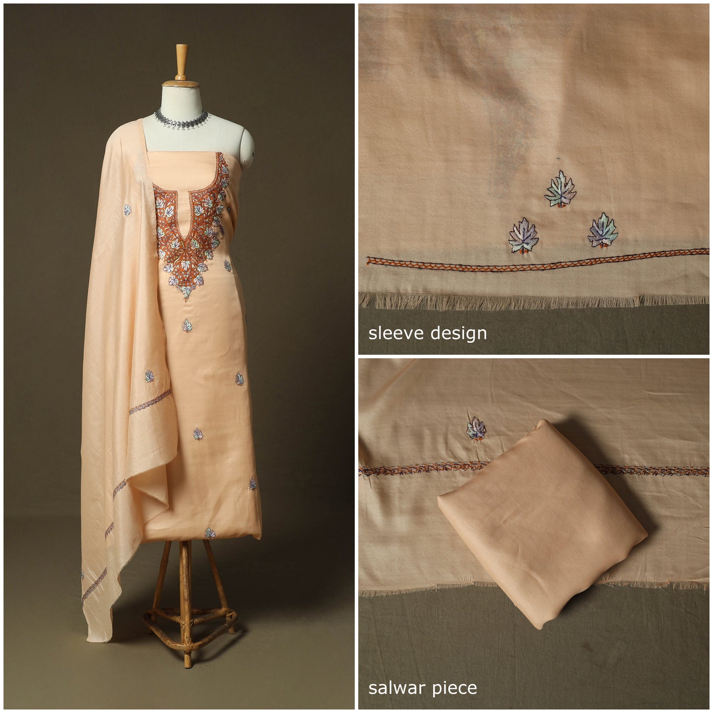 Beige - Sozni Hand Embroidery Pure Silk 3pc Unstitched Dress Material Suit Set 26
