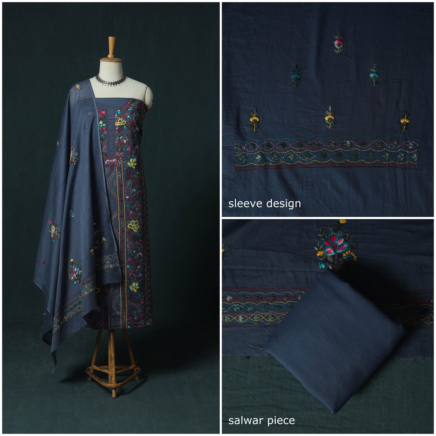 Blue - Hand Embroidered Cotton 3pc Unstitched Dress Material 46
