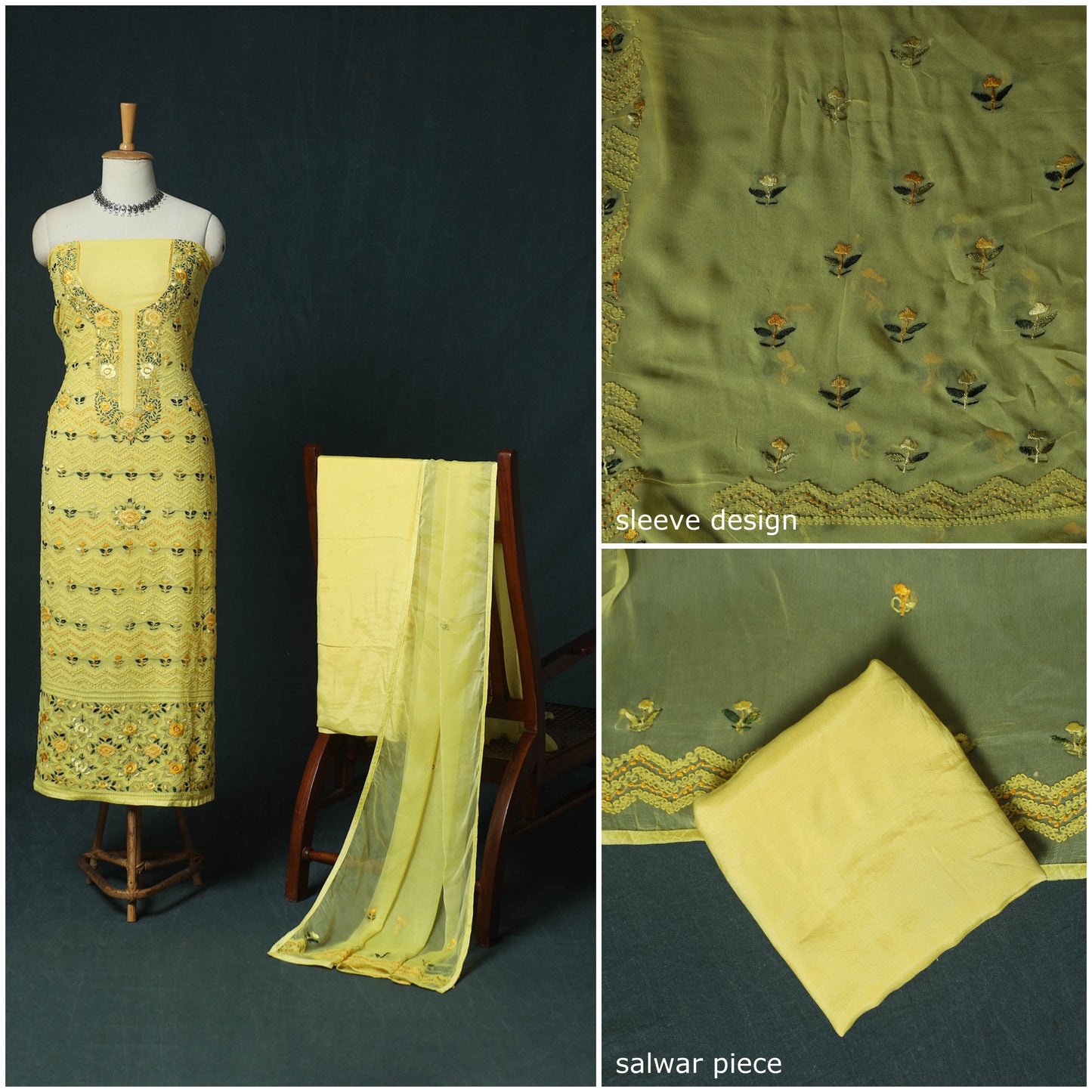 Yellow - Hand Embroidered Georgette 3pc Unstitched Dress Material 14