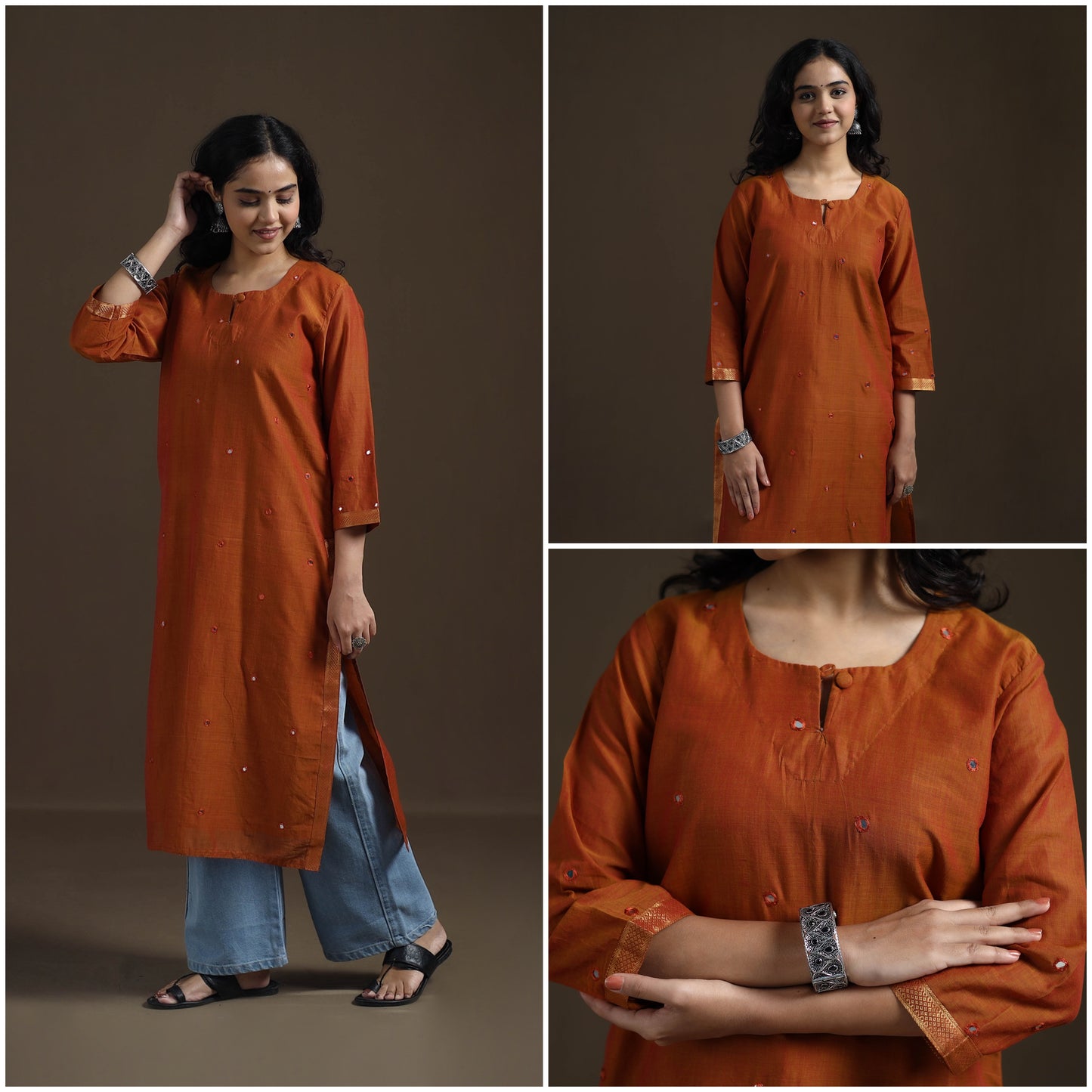 Mangalagiri Pure Handwoven Cotton Mirror Work Straight Kurta for women 08