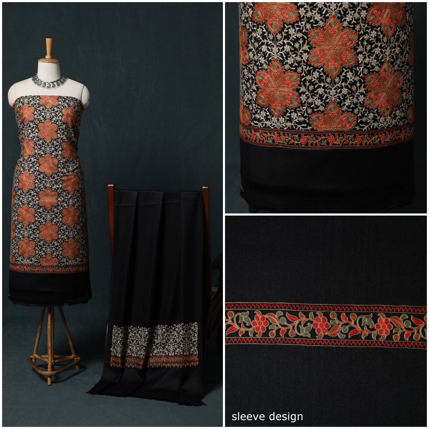 3pc Heavy Chain Stitch Embroidered Wool Unstitched Dress Material Suit Set 19