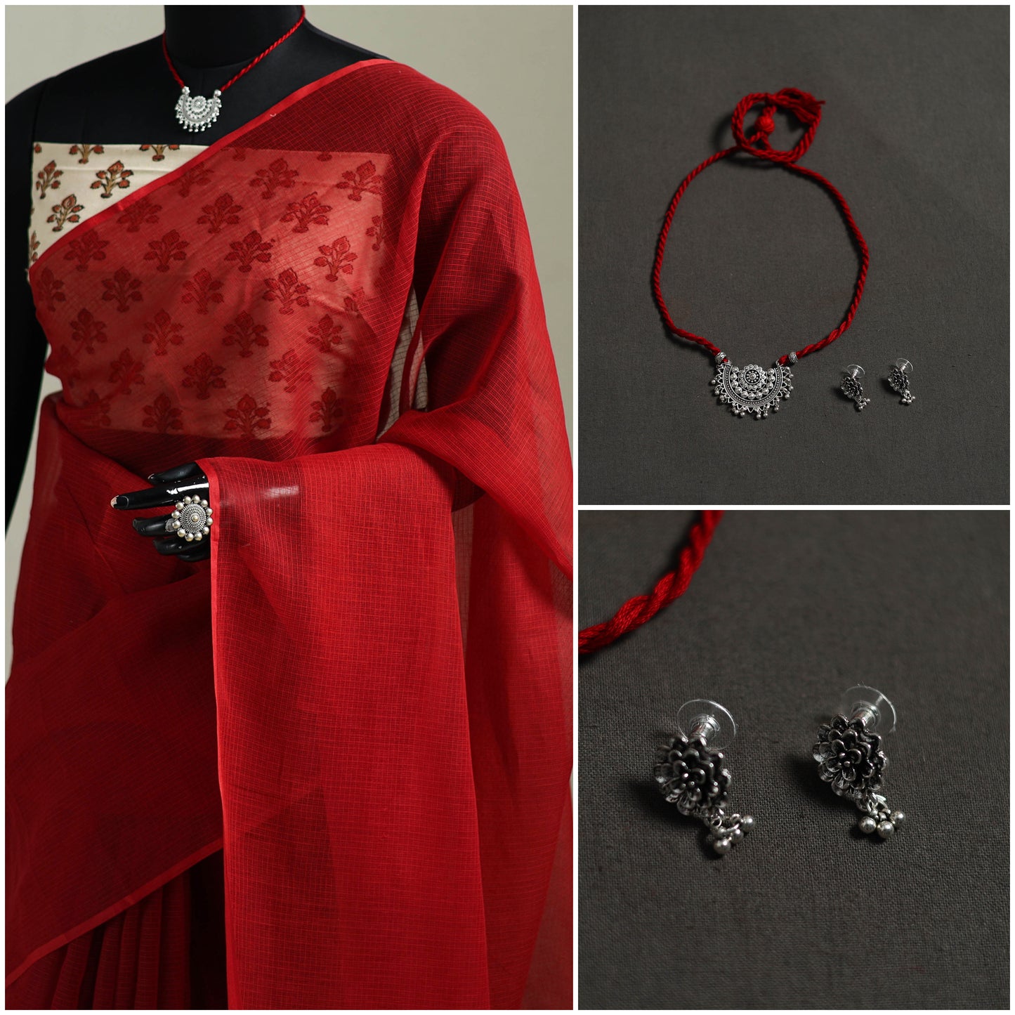 Red - Nazaakat Kota Doria Cotton Plain Saree with Blouse & Jewellery Set 178