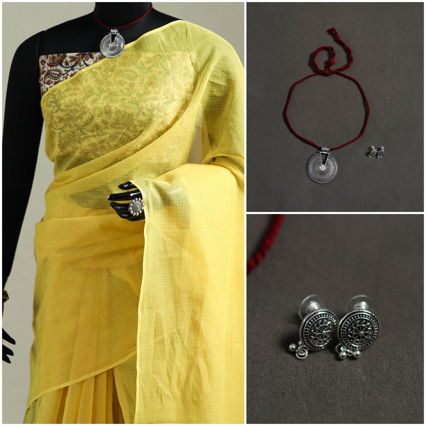 Yellow - Nazaakat Kota Doria Cotton Plain Saree with Blouse & Jewellery Set 17