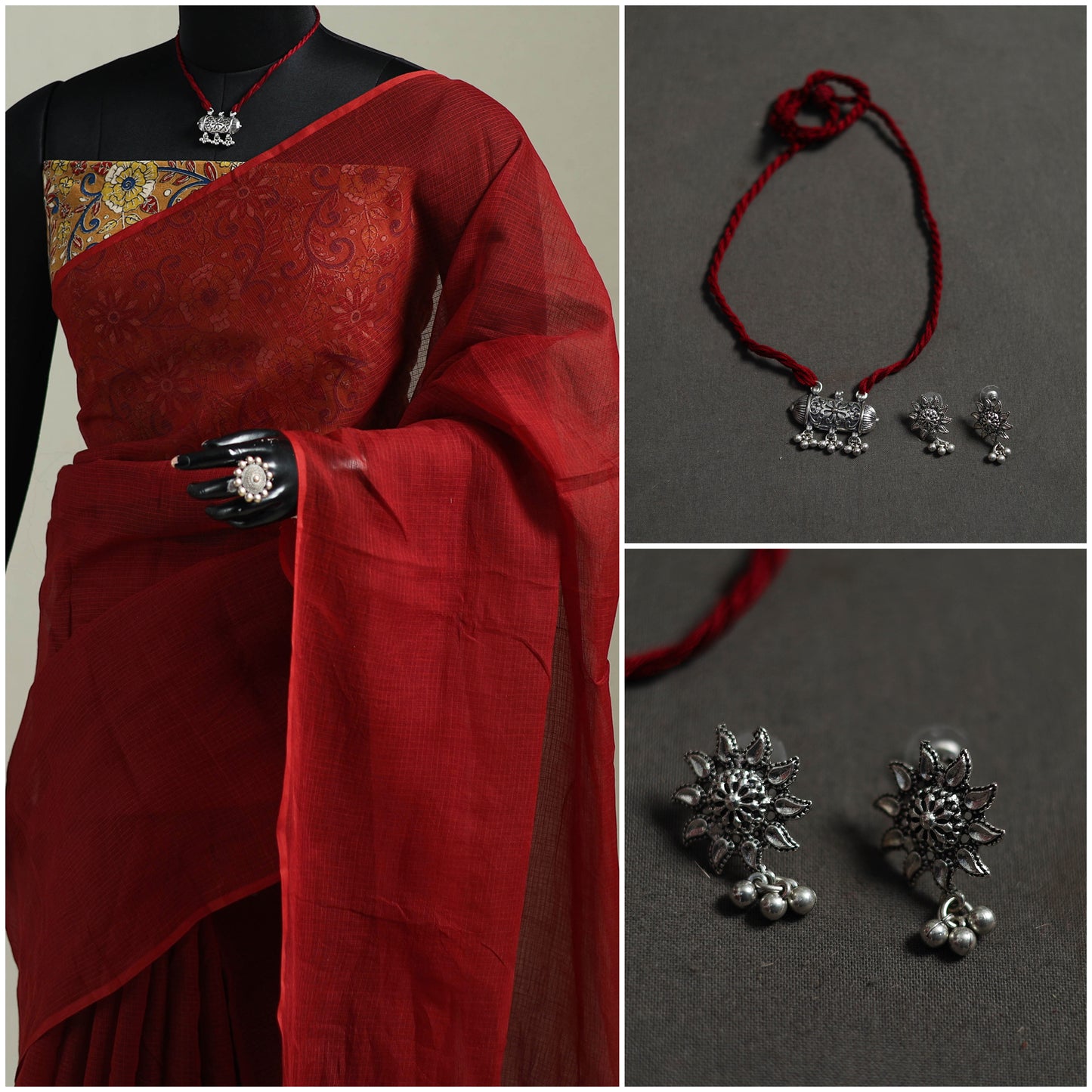 Red - Nazaakat Kota Doria Cotton Plain Saree with Blouse & Jewellery Set 151