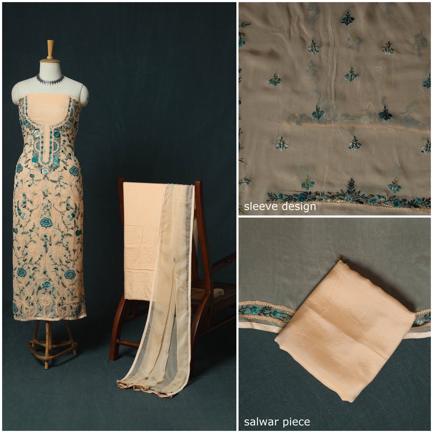 Beige - Hand Embroidered Georgette 3pc Unstitched Dress Material 16