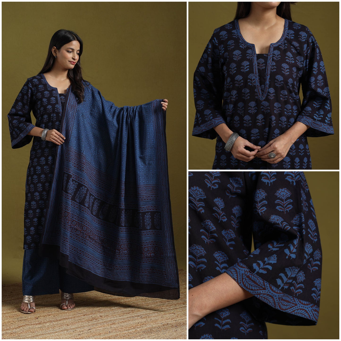 Natural Dyed Hand Block Bagh Print Cotton Suit Set with Dupatta for Women 03