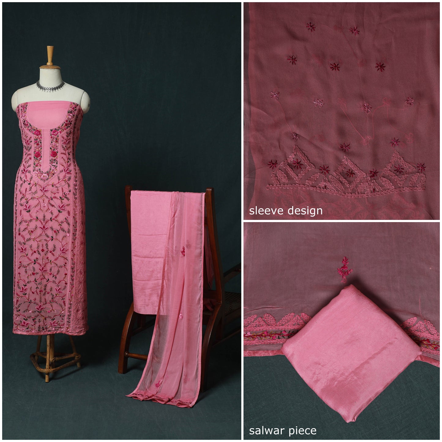 Pink - Hand Embroidered Georgette 3pc Unstitched Dress Material 17