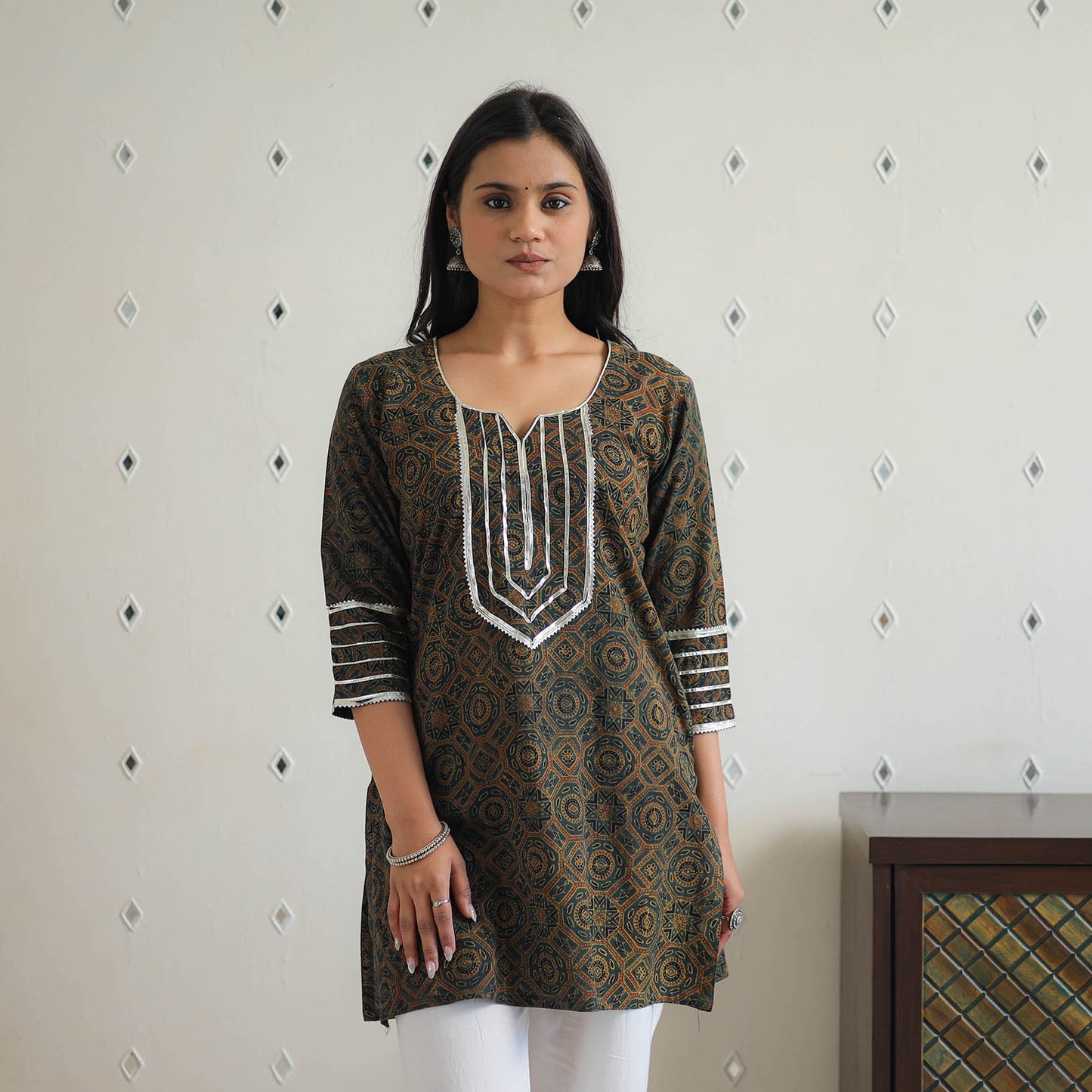 Green Block Print Cotton Gota Work Short Ajrakh Kurta for Women
