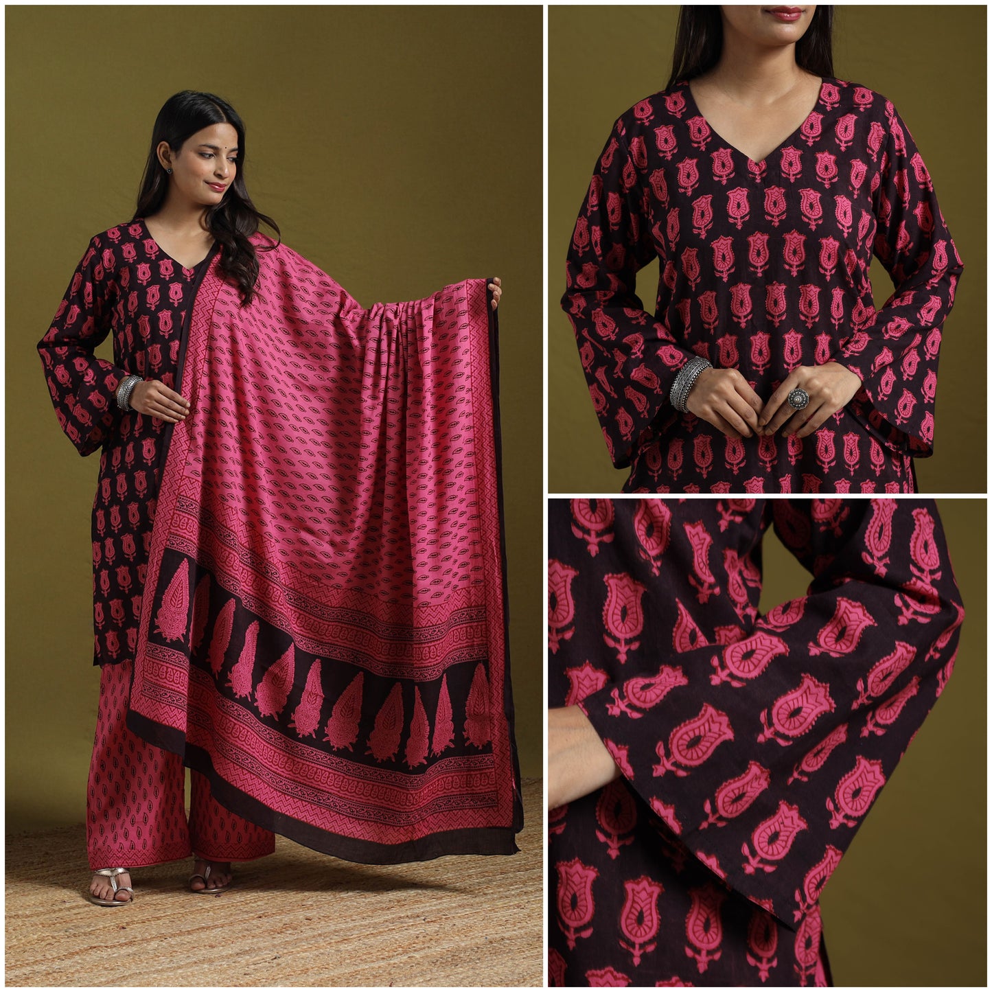 Natural Dyed Hand Block Bagh Print Cotton Suit Set with Dupatta for Women 20