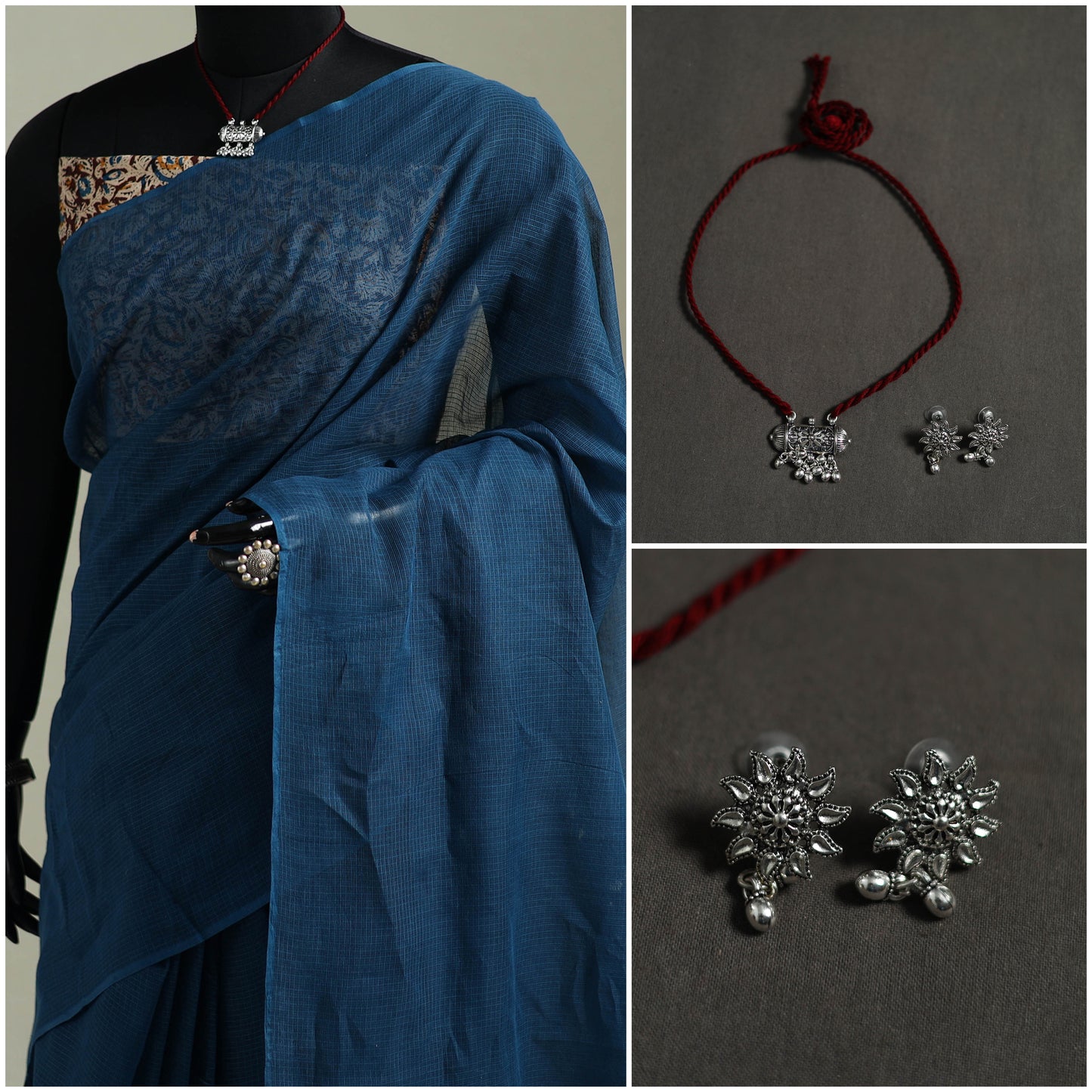 Blue - Nazaakat Kota Doria Cotton Plain Saree with Blouse & Jewellery Set 47