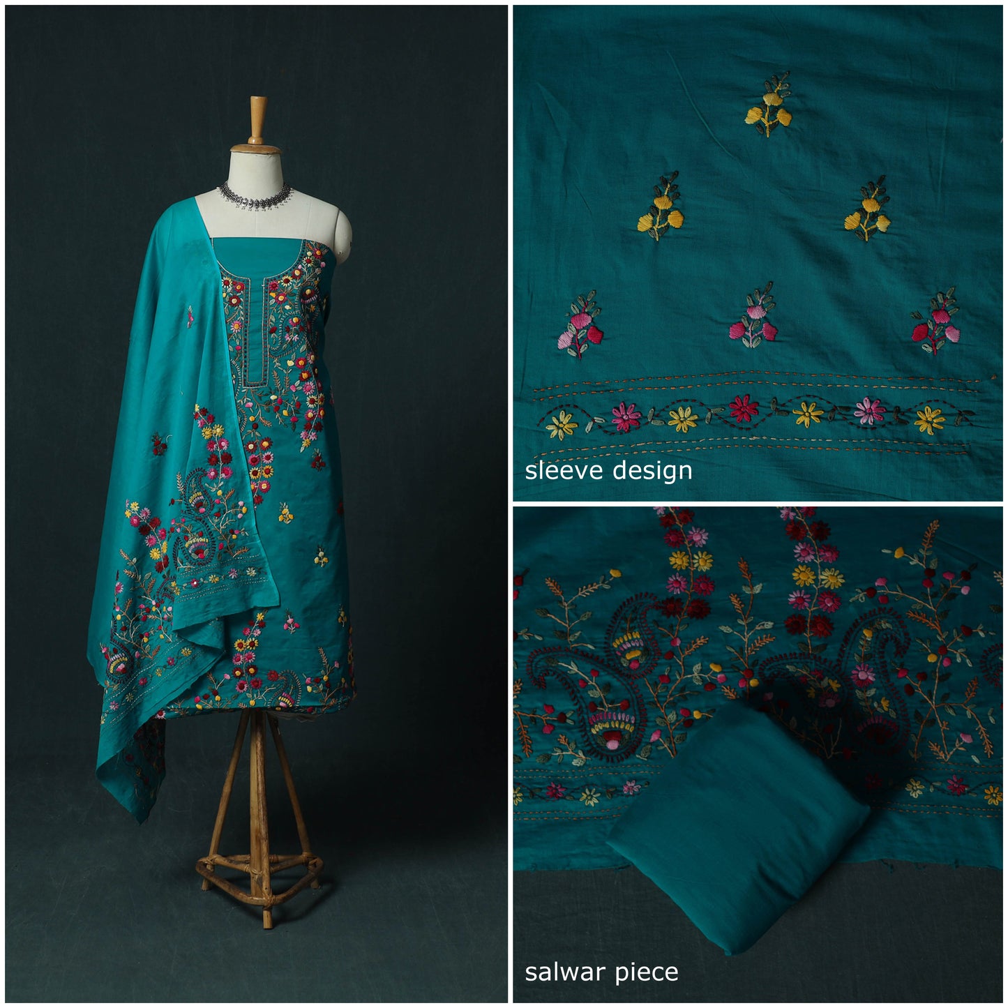 Blue - Hand Embroidered Cotton 3pc Unstitched Dress Material 49