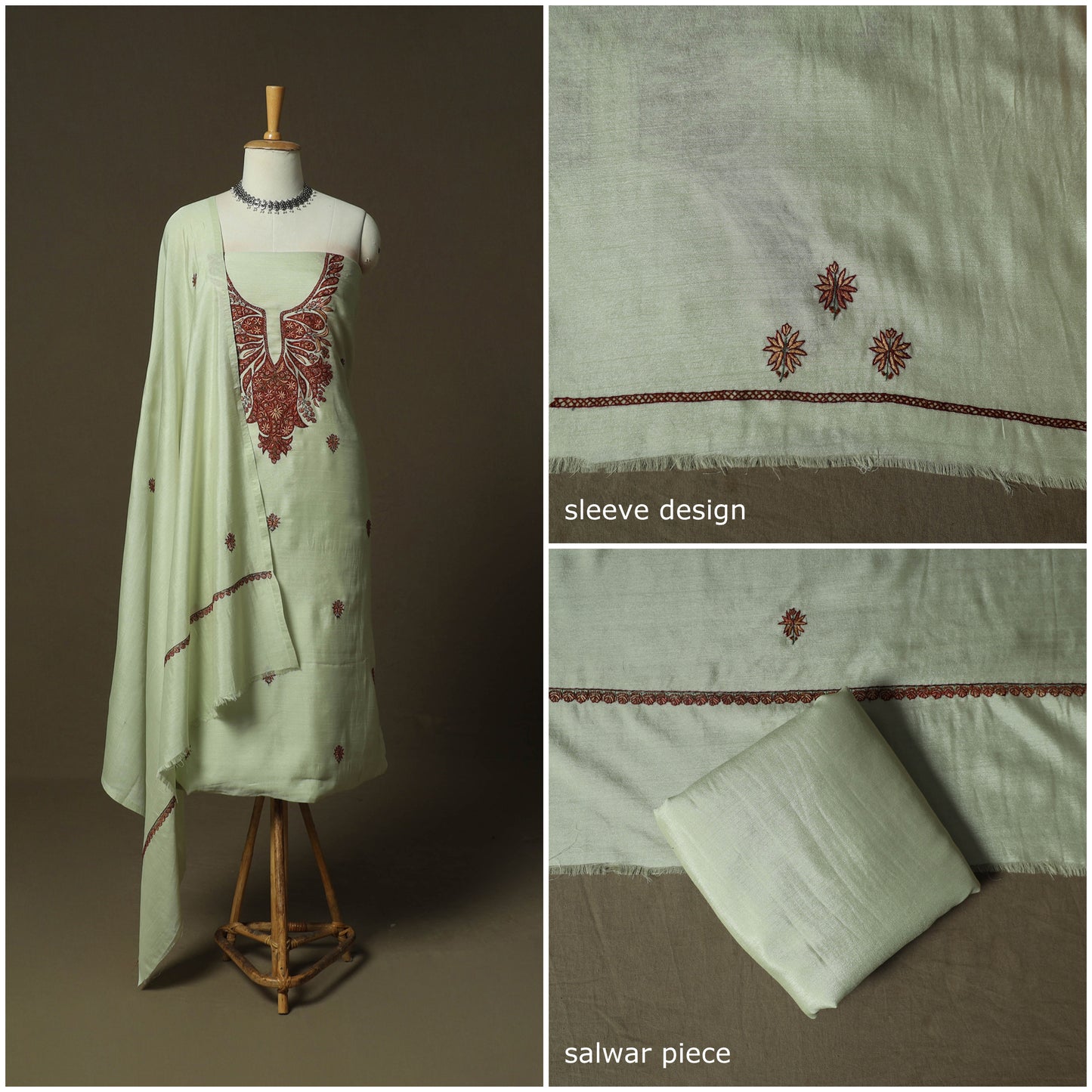 Green - Sozni Hand Embroidery Pure Silk 3pc Unstitched Dress Material Suit Set 29