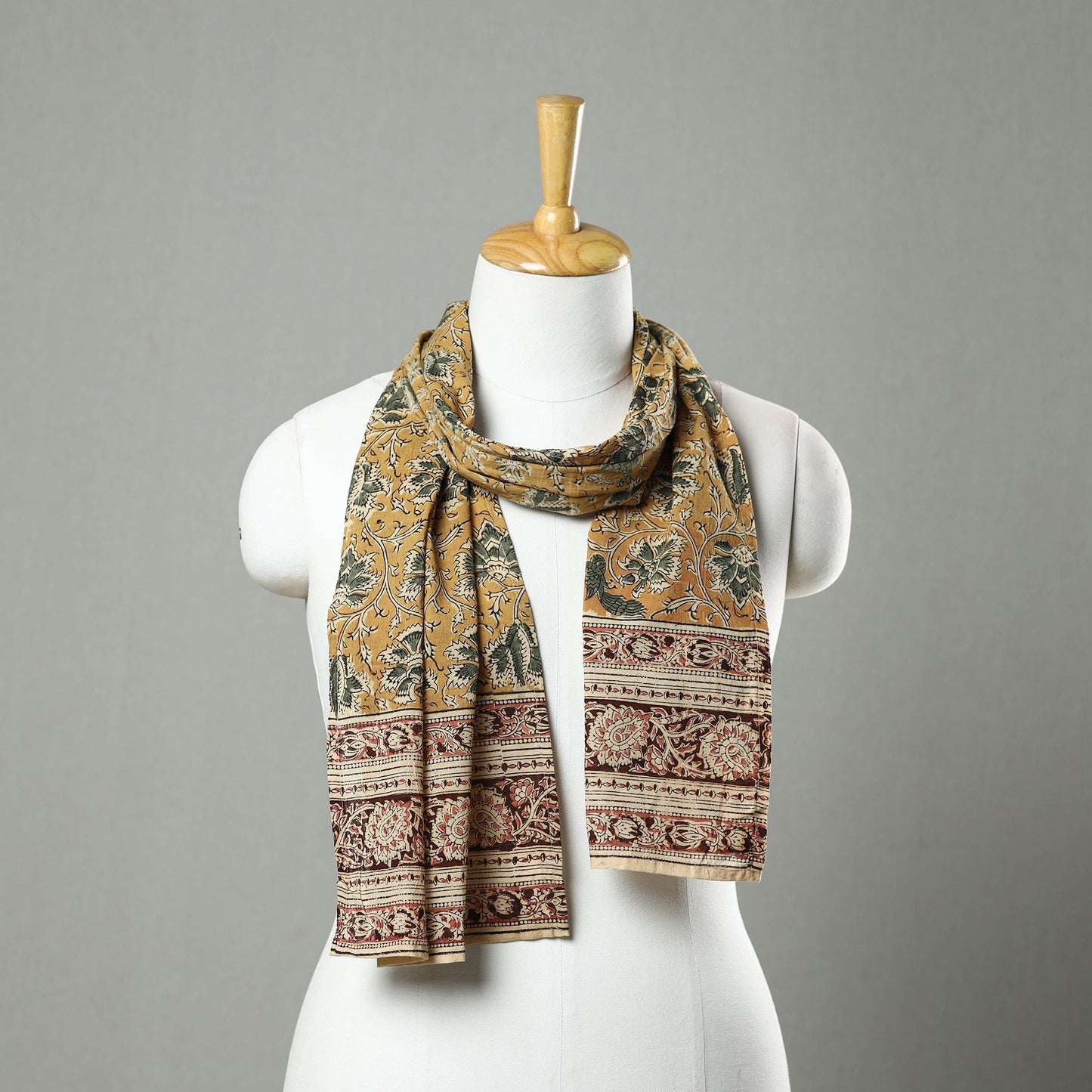 Yellow Pedana Block Print Natural Dyed Cotton Kalamkari Stole