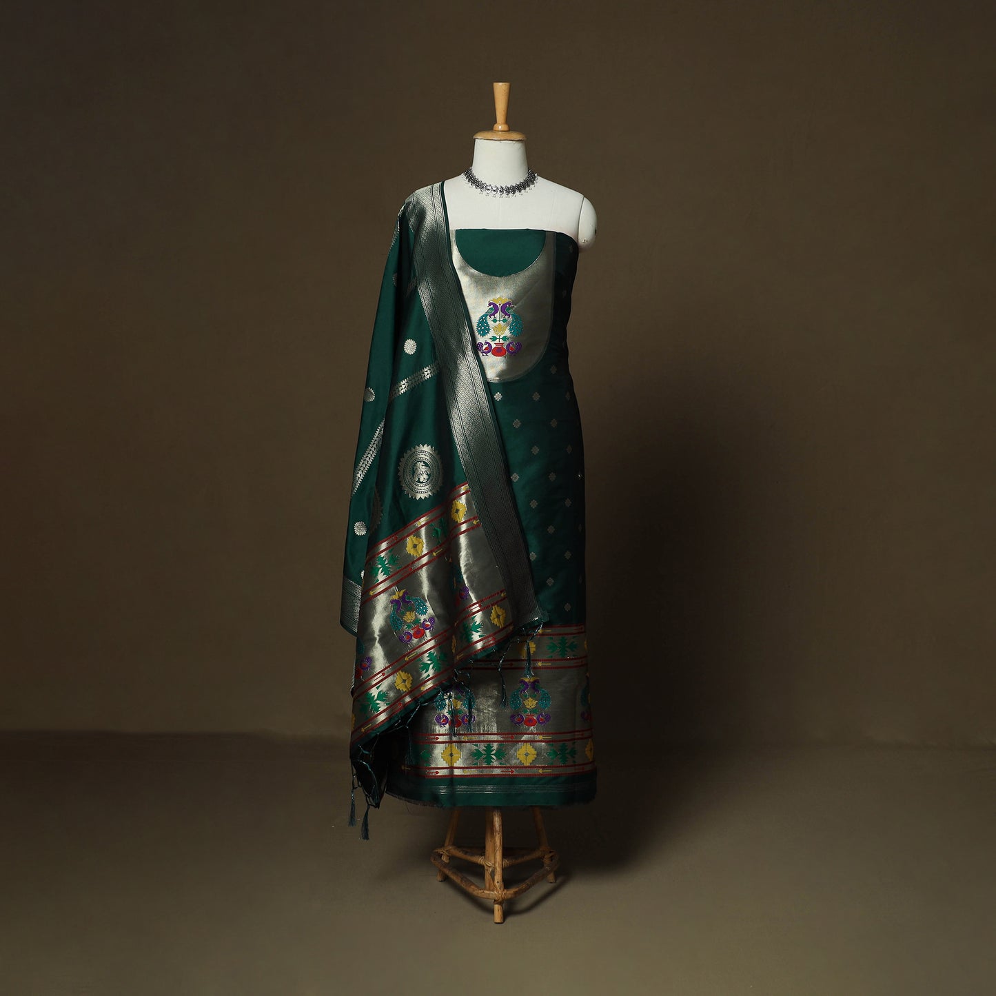 Green - Bangalore Silk Paithani Weave 3pc Unstitched Dress Material Suit Set 01