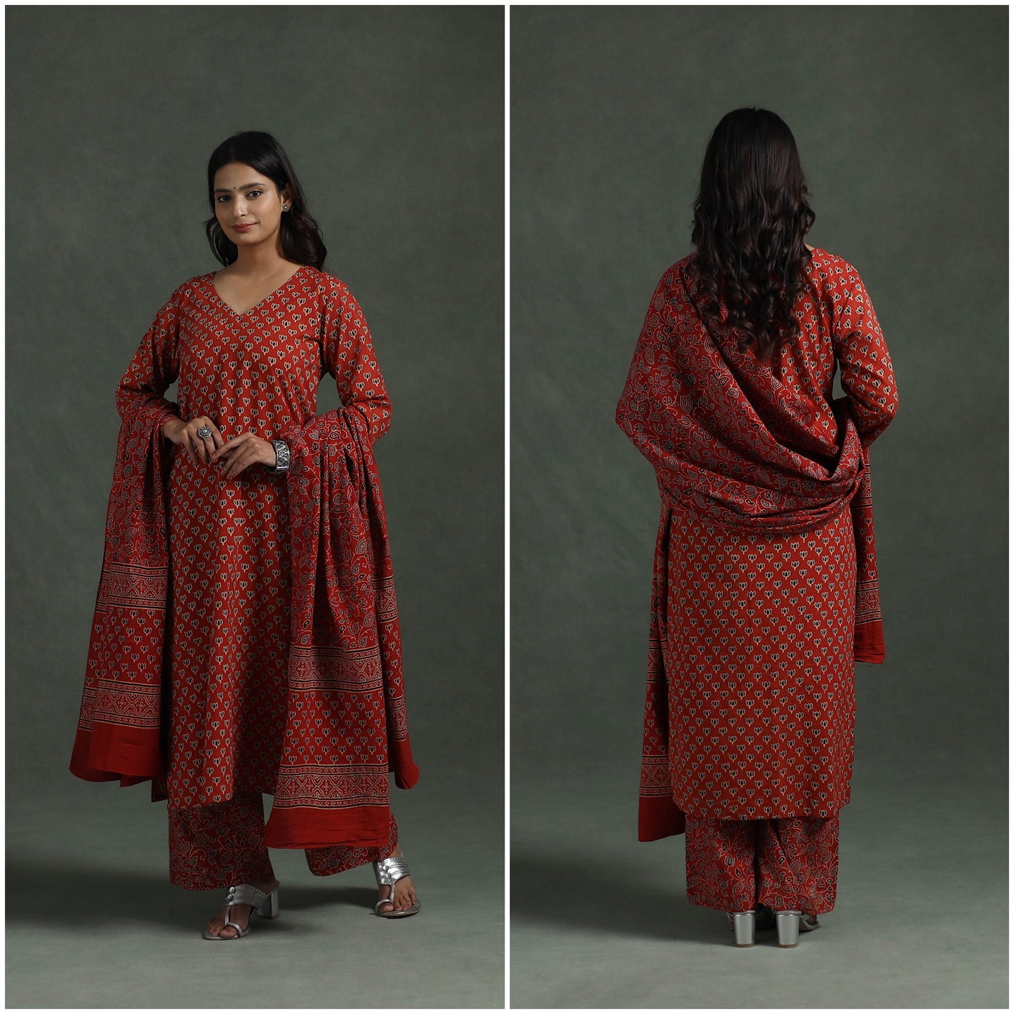 Ajrakh Hand Block Print Natural Dyed Cotton Suit Set with Dupatta for women 02
