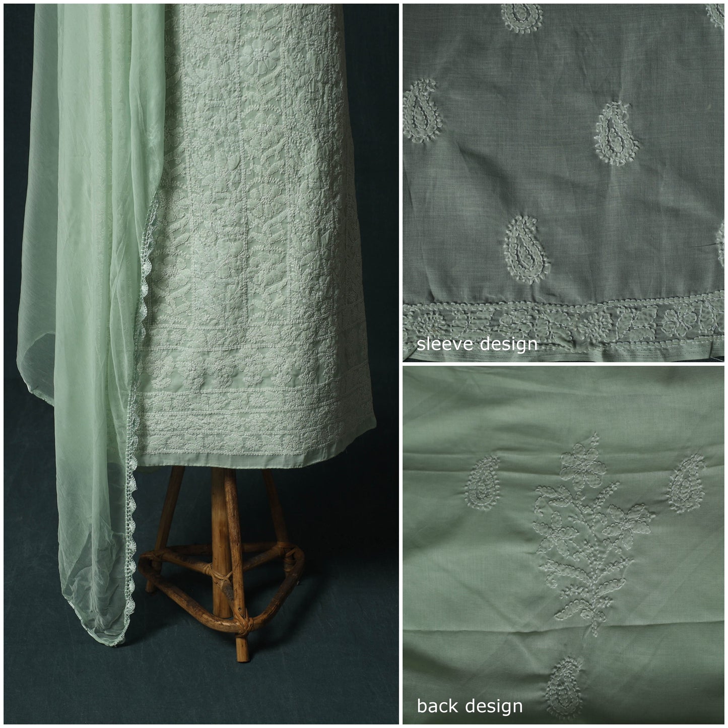 Green - Lucknowi Chikankari Hand Embroidered Cotton 3pc Unstitched Dress Material Suit Set 01