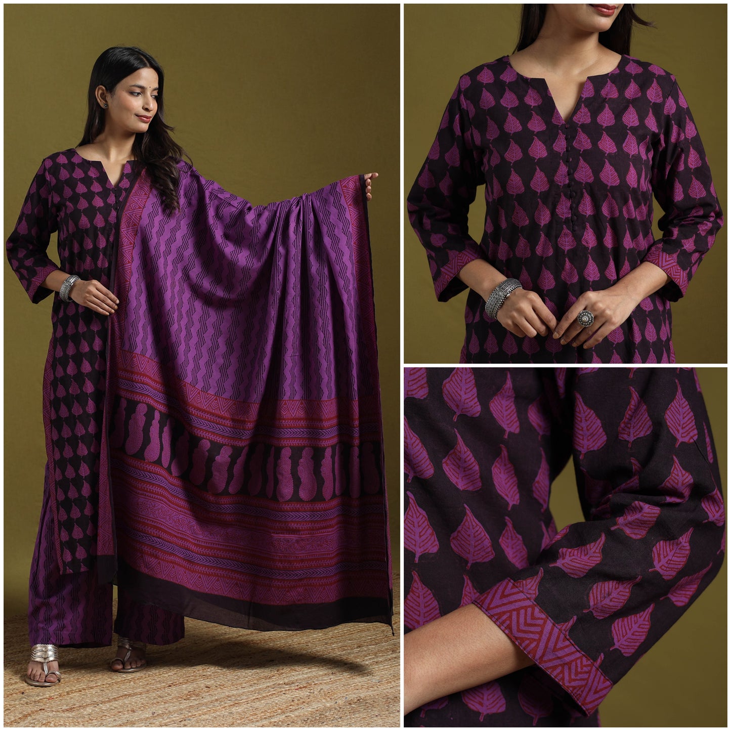 Natural Dyed Hand Block Bagh Print Cotton Suit Set with Dupatta for Women 11