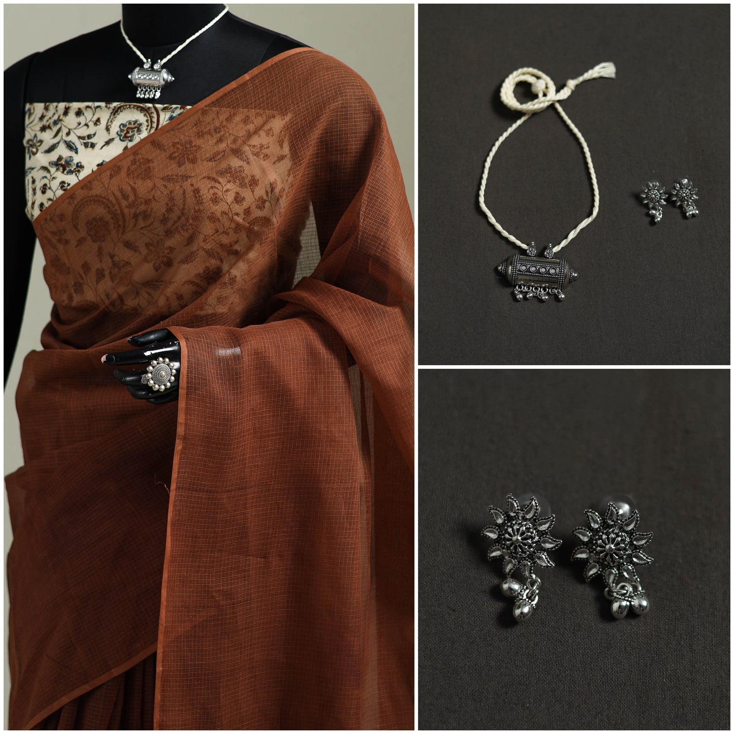 Brown - Nazaakat Kota Doria Cotton Plain Saree with Blouse & Jewellery Set 163