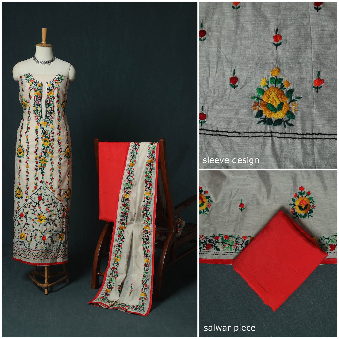 Hand Embroidered Chanderi Silk 3pc Unstitched Dress Material 28