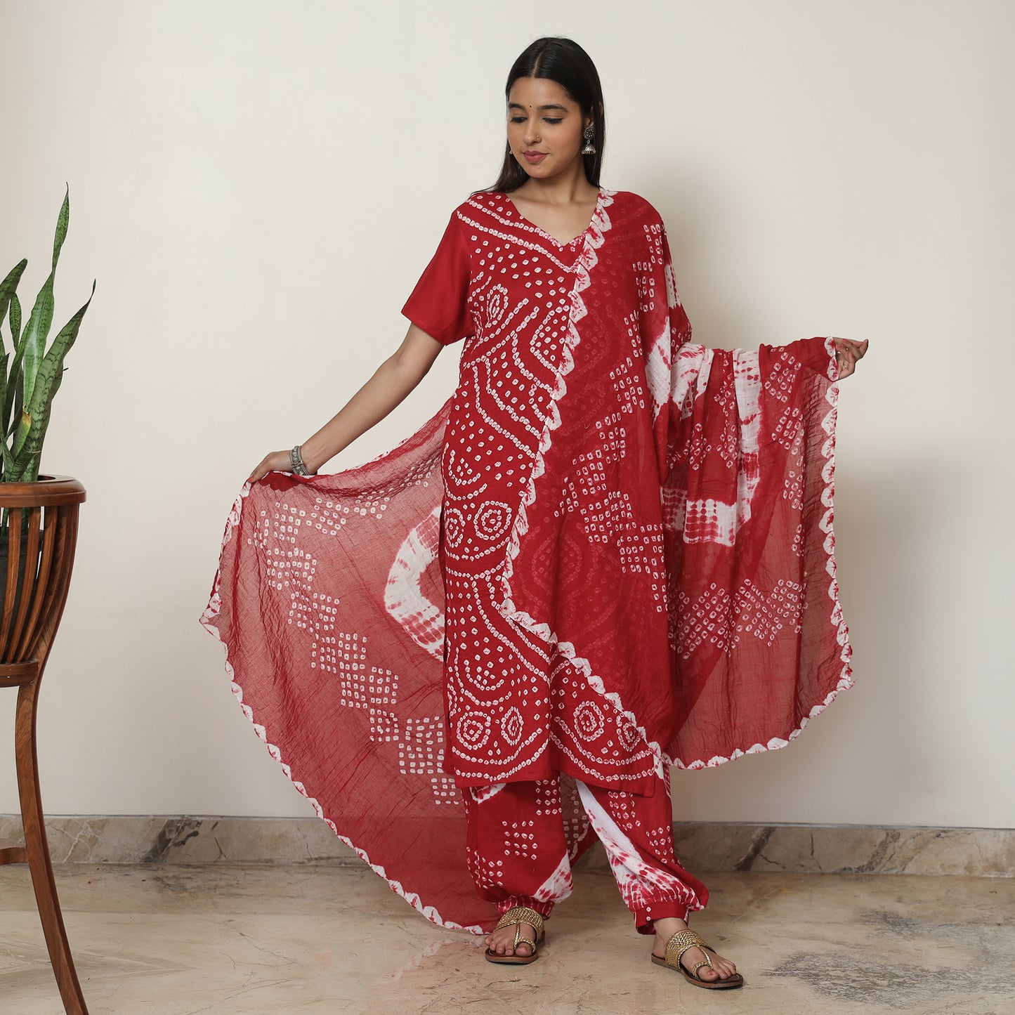 Red - Bandhani Tie-Dye Cotton Kurta with Afghani Salwar & Dupatta Set 01