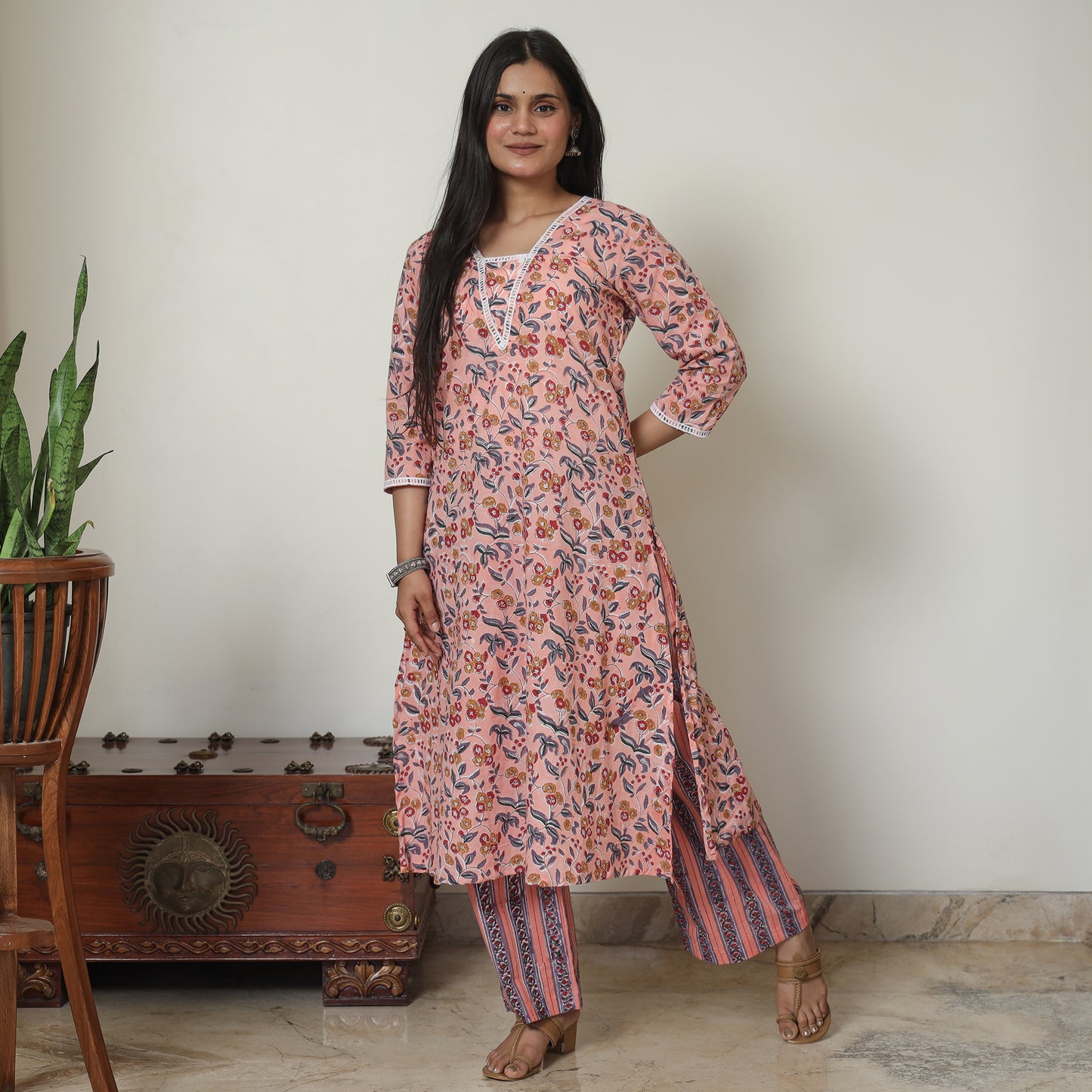 Peach - Sanganeri Block Printed Cotton Kurta with Palazzo Set 02