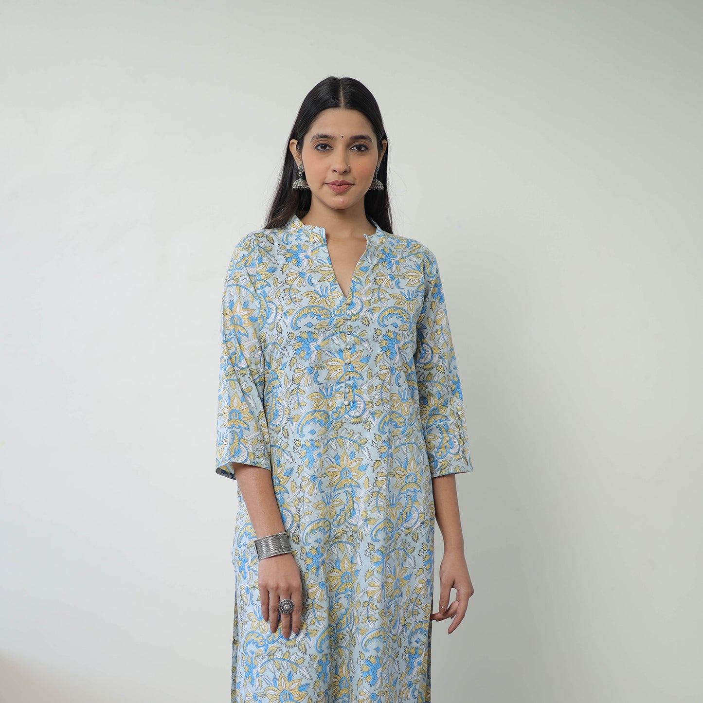 Buy Grey Straight Cotton Sanganeri Print Kurta for Women