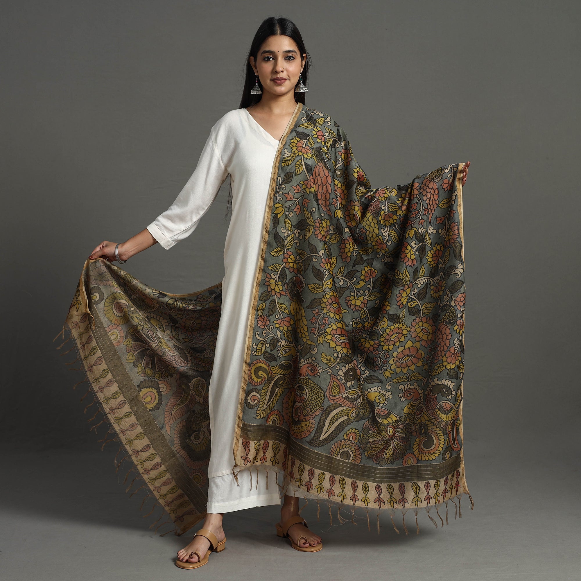 Purple - Srikalahasti Kalamkari Pen Work Handloom Chanderi Silk Natural Dyed Handpainted Dupatta 45 main image 0