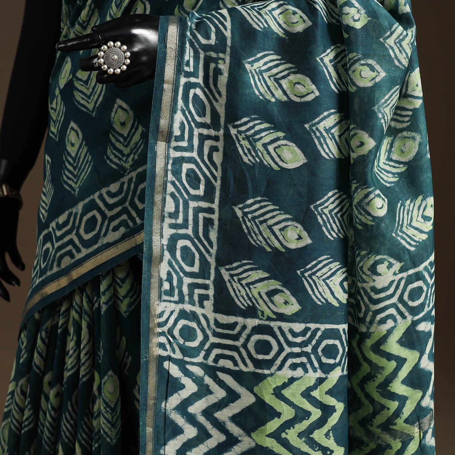 Green - Chanderi Silk Hand Block Print Bagru Saree with Zari Border 22