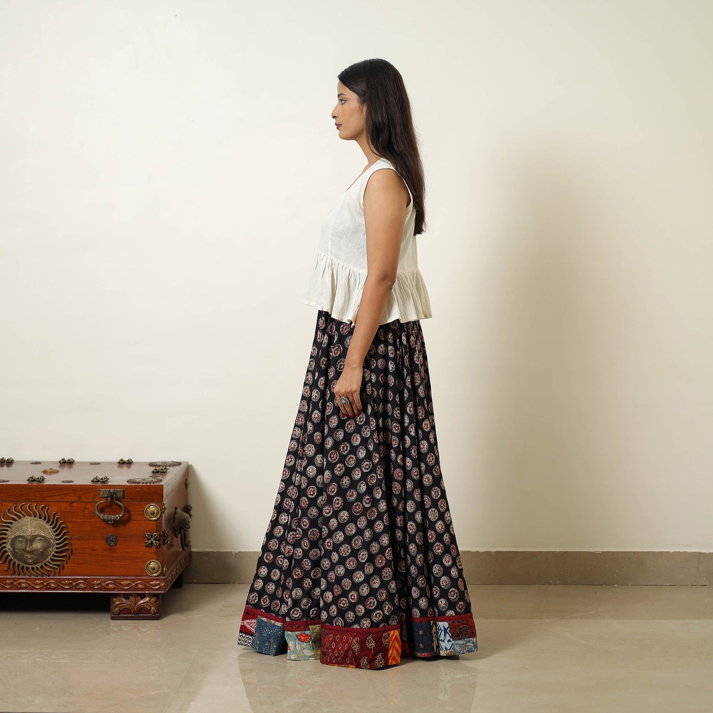 Black - hand printed cotton long bagru skirt 06