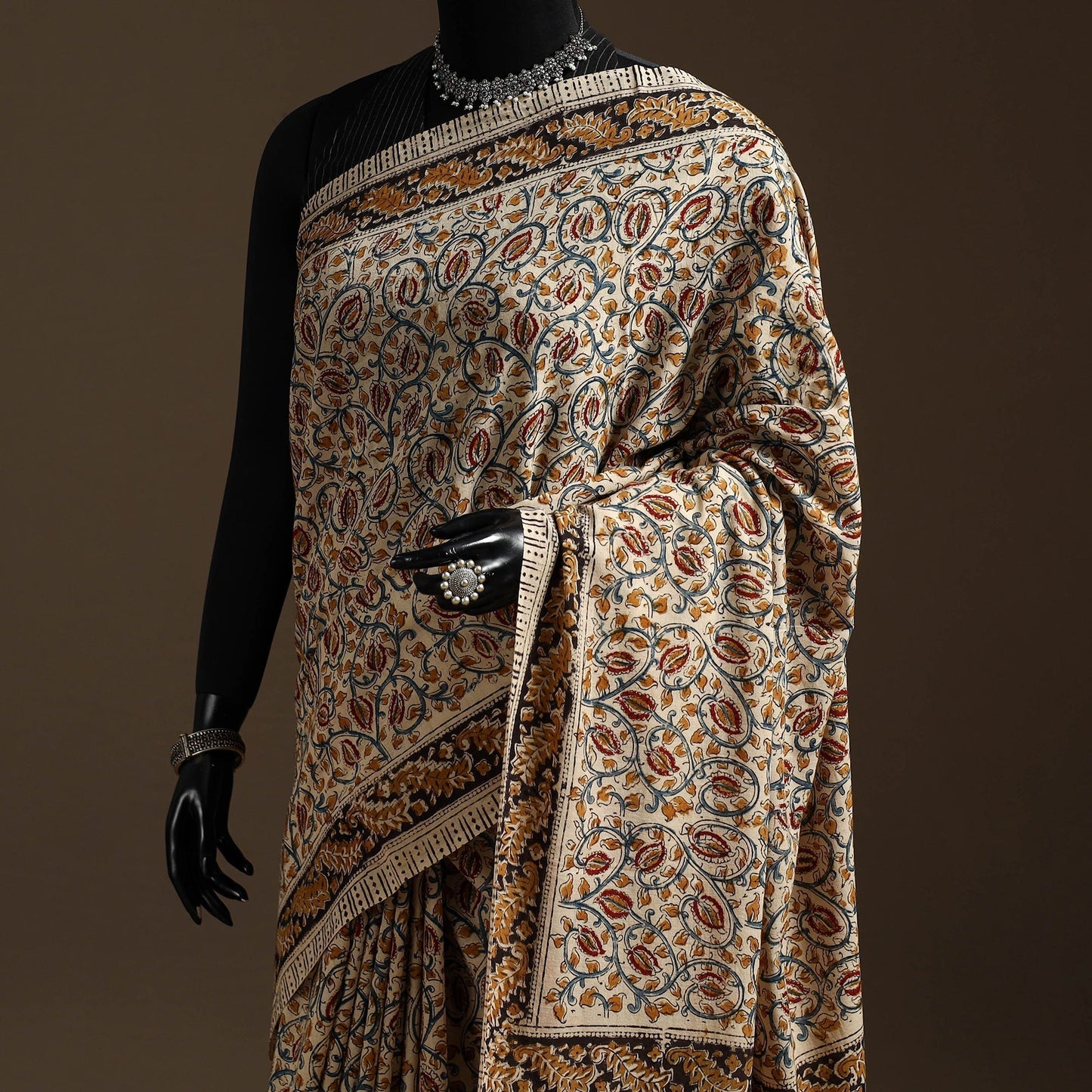 Beige - natural dyed pedana cotton kalamkari saree 32