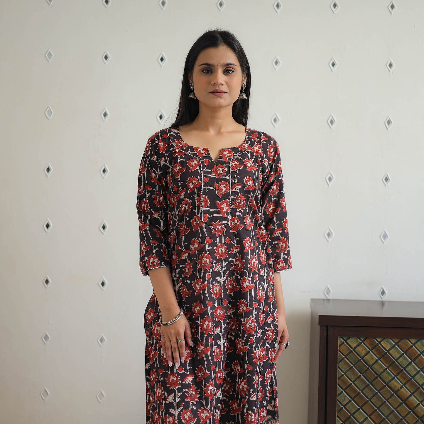 Red Block Printed Cotton Gota Work Long Bagru Kurta