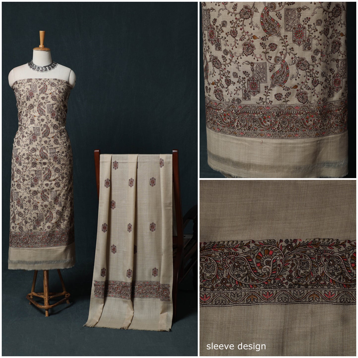 3pc Heavy Embroidered Wool Unstitched Dress Material Suit Set 64