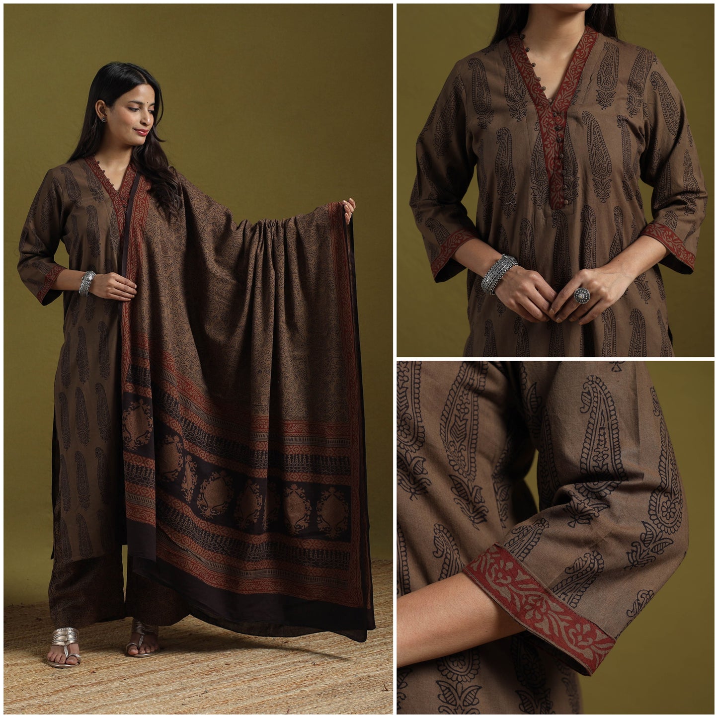 Natural Dyed Hand Block Bagh Print Cotton Suit Set with Dupatta for Women 08