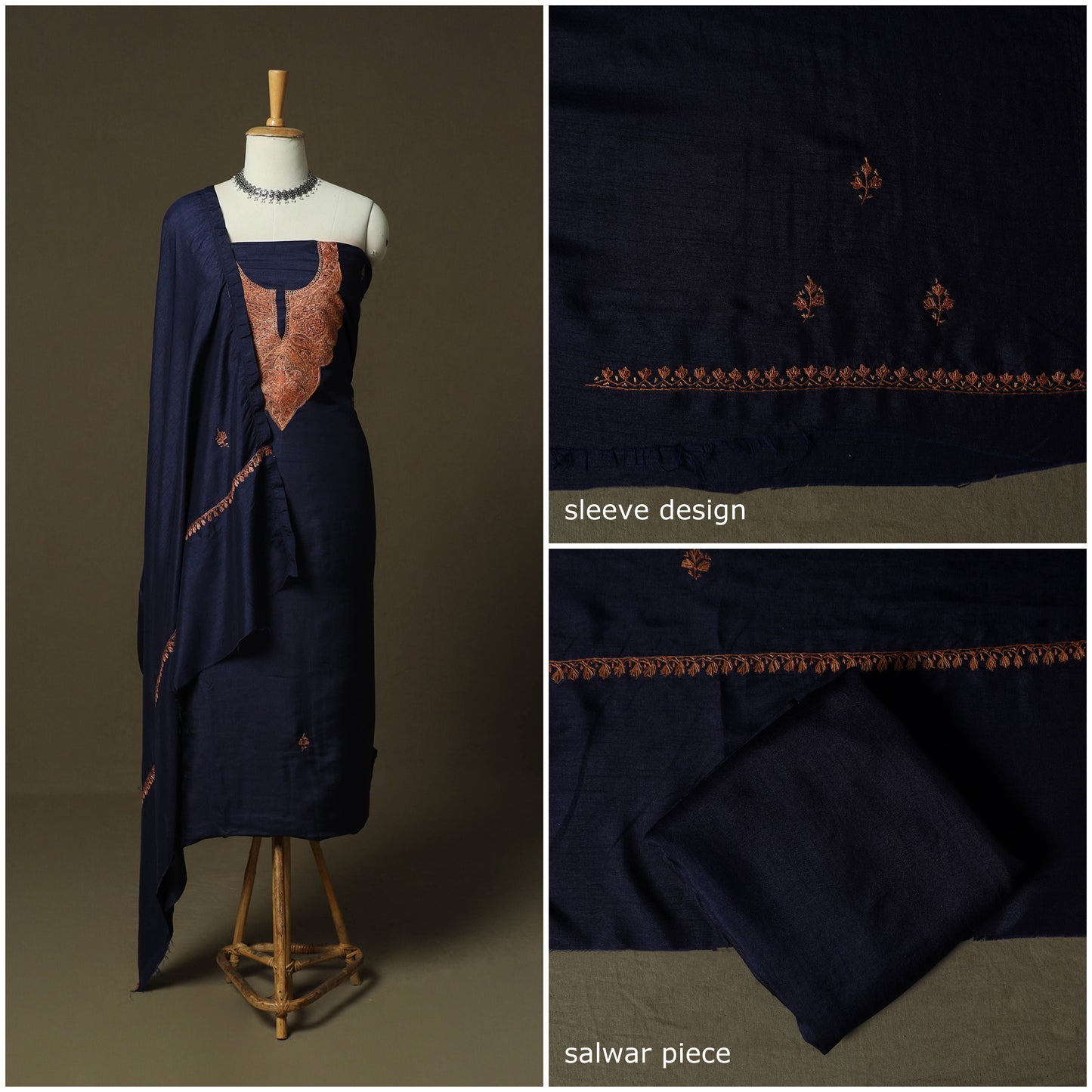 Blue - Sozni Hand Embroidery Pure Silk 3pc Unstitched Dress Material Suit Set 30