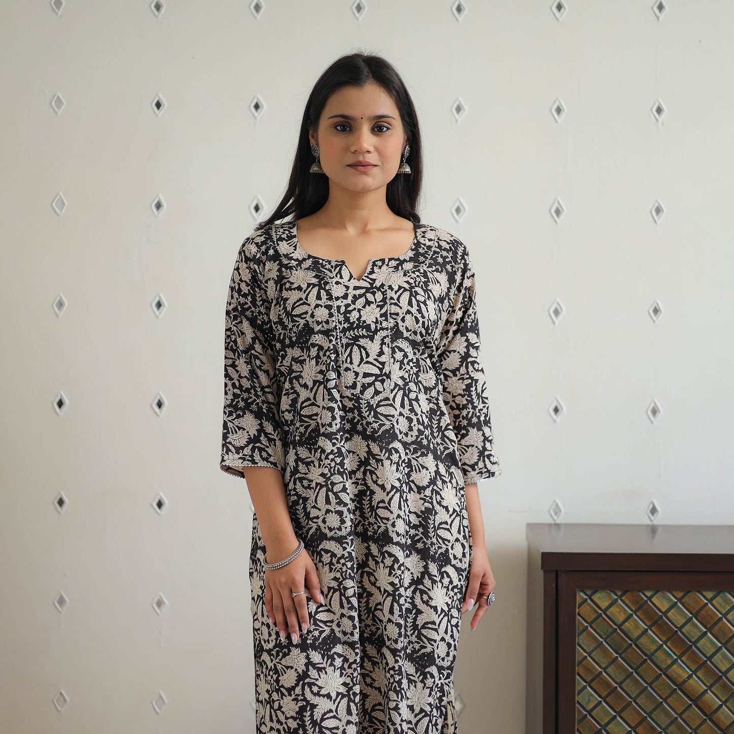 Black Block Printed Cotton Gota Work Long Bagru Kurta