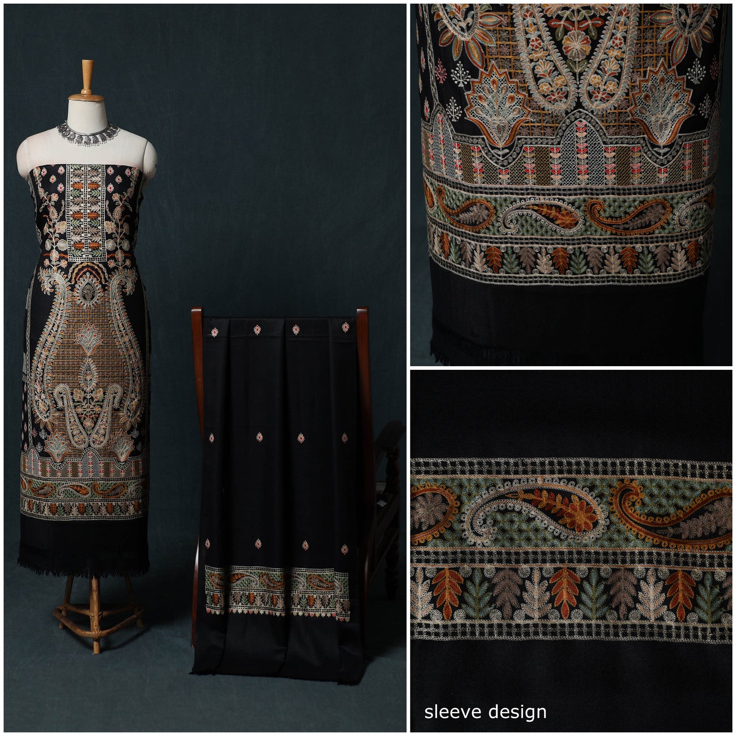 3pc Heavy Chain Stitch Embroidered Wool Unstitched Dress Material Suit Set 65