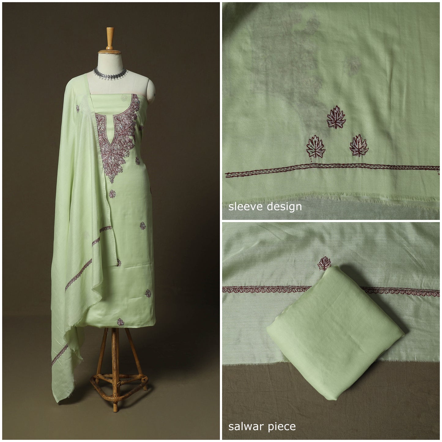 Green - Sozni Hand Embroidery Pure Silk 3pc Unstitched Dress Material Suit Set 31