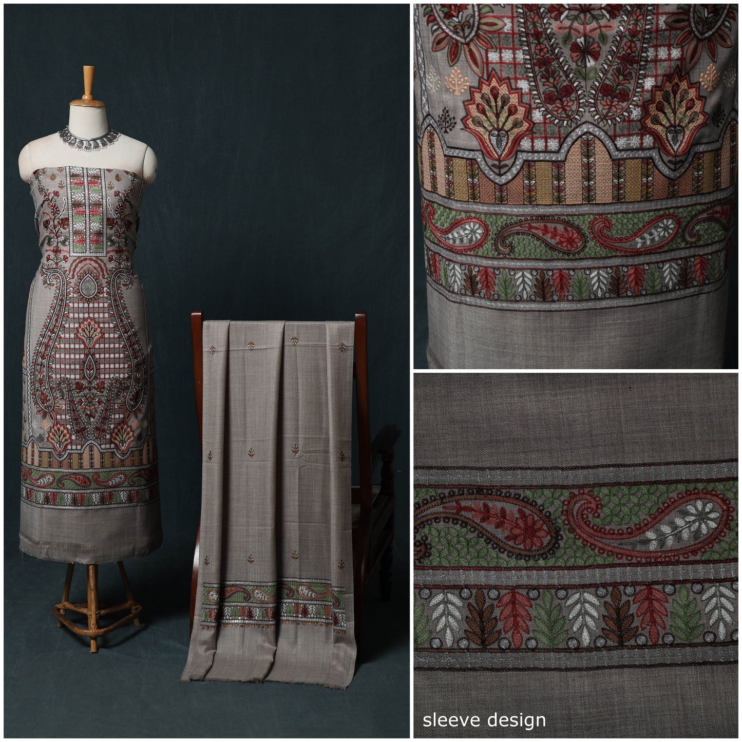 3pc Heavy Chain Stitch Embroidered Wool Unstitched Dress Material Suit Set 66