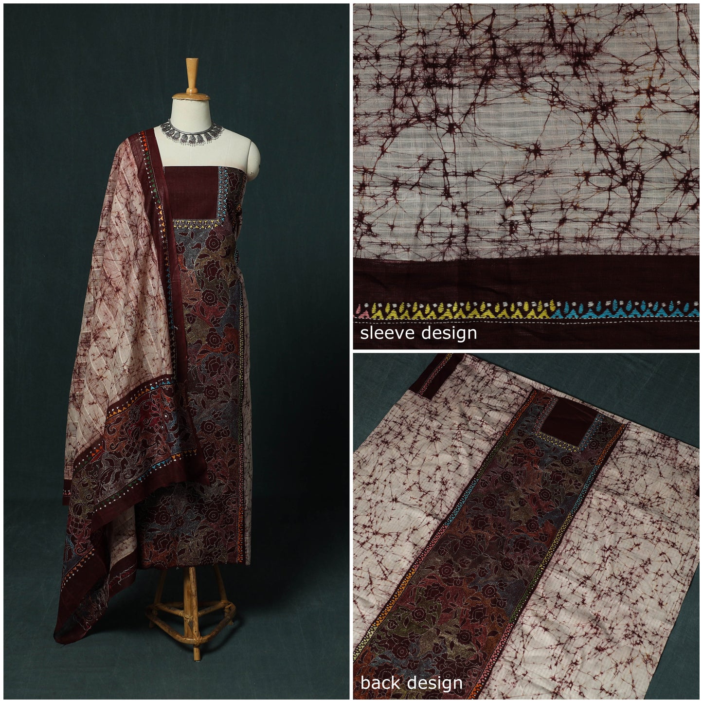 Bengal Kantha Work Cotton 2pc Unstitched Batik Print Dress Material Kurta Set 14