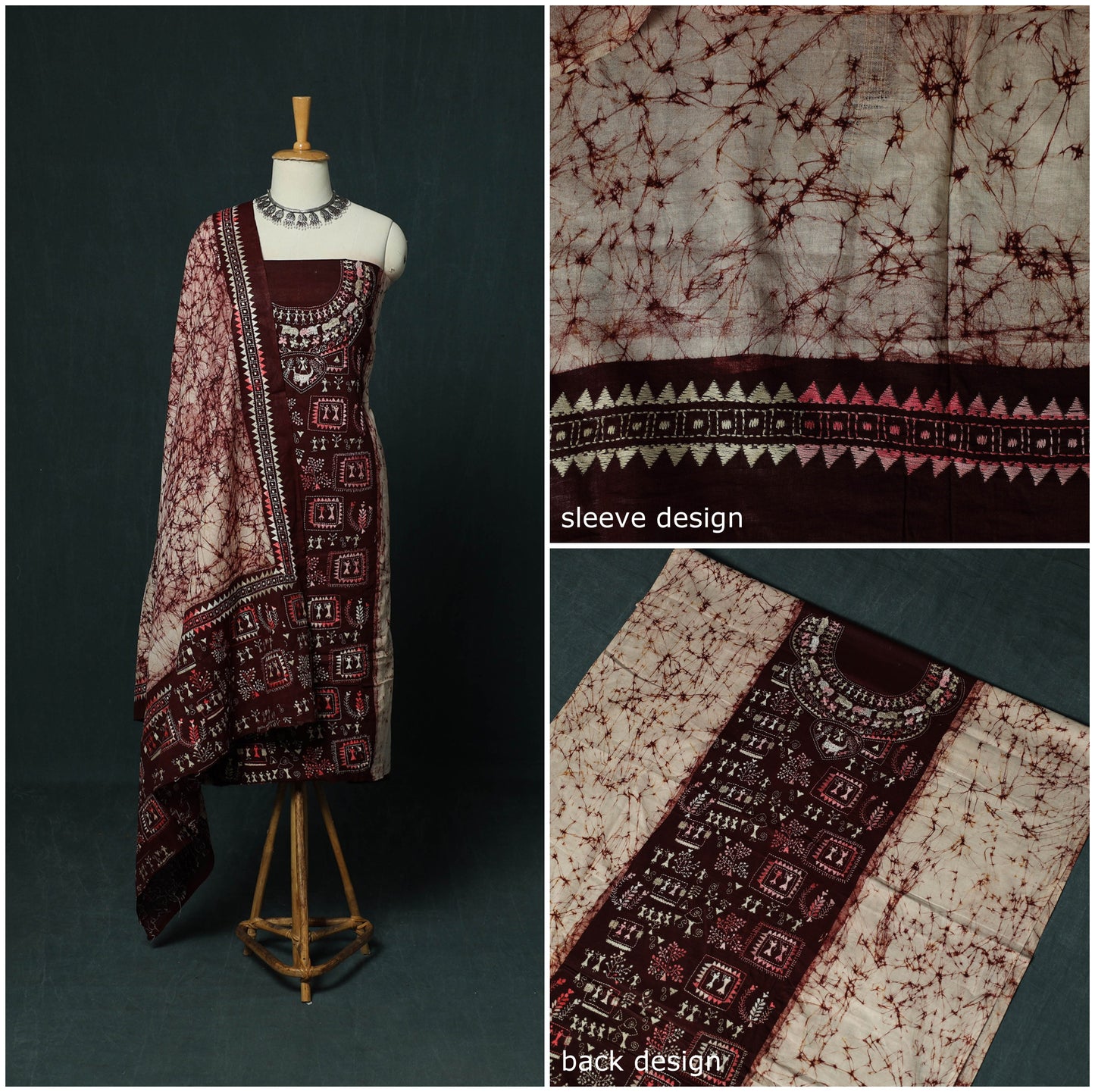 Bengal Kantha Work Cotton 3pc Unstitched Batik Print Dress Material Suit Set 17