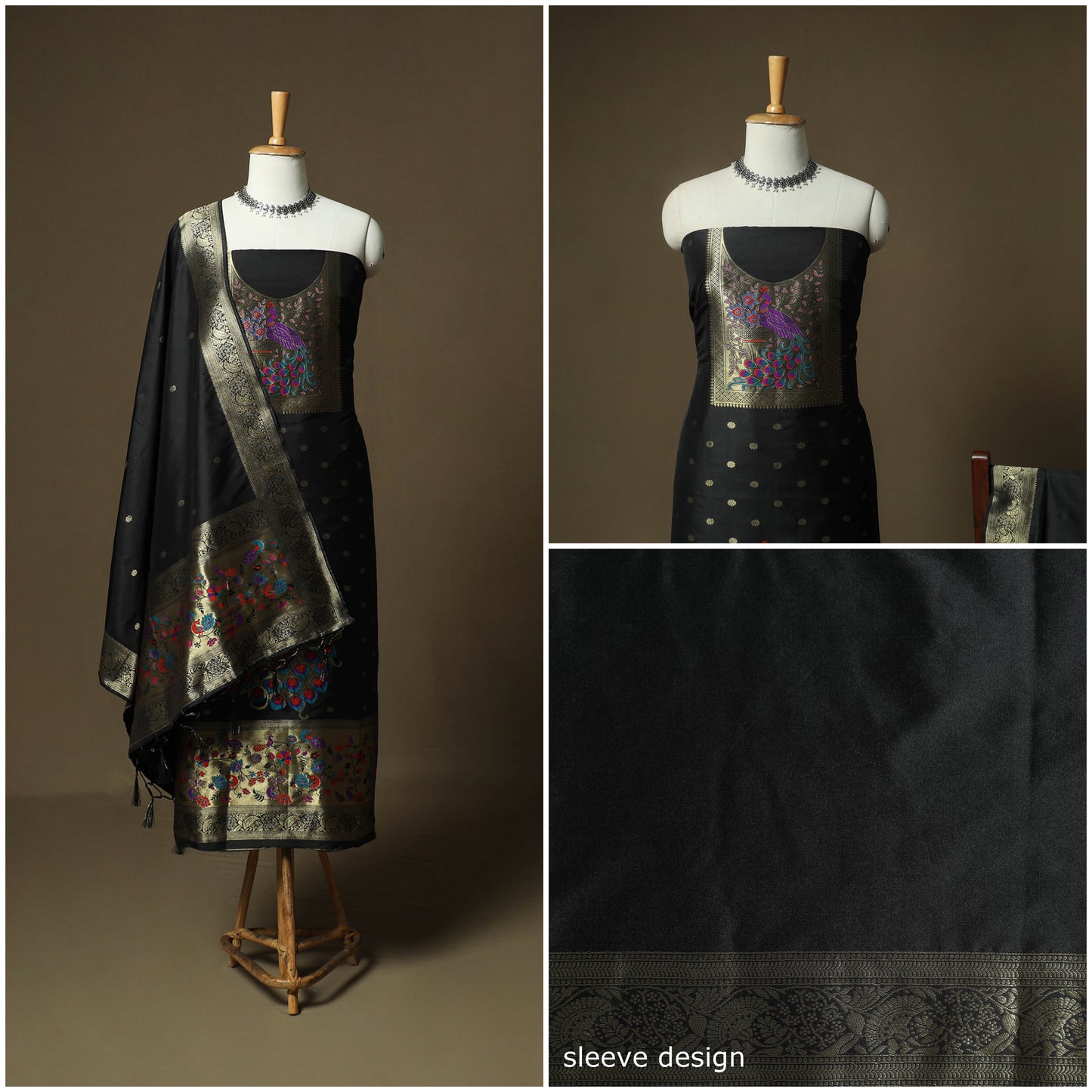 Black - Bangalore Silk Paithani Weave 3pc Unstitched Dress Material Suit Set 22